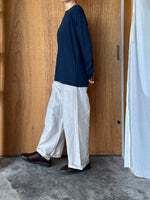 Vlas Blomme / Cotton Linen Plainstitch オブロングネック長袖Tシャツ(Navy)