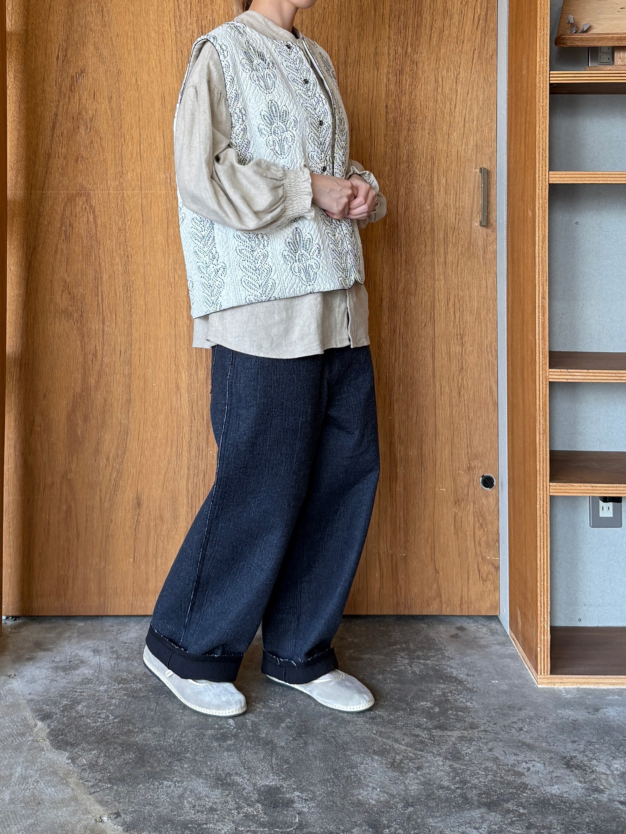 qiri / Denim fleece needle punch curve pants (ネイビー)