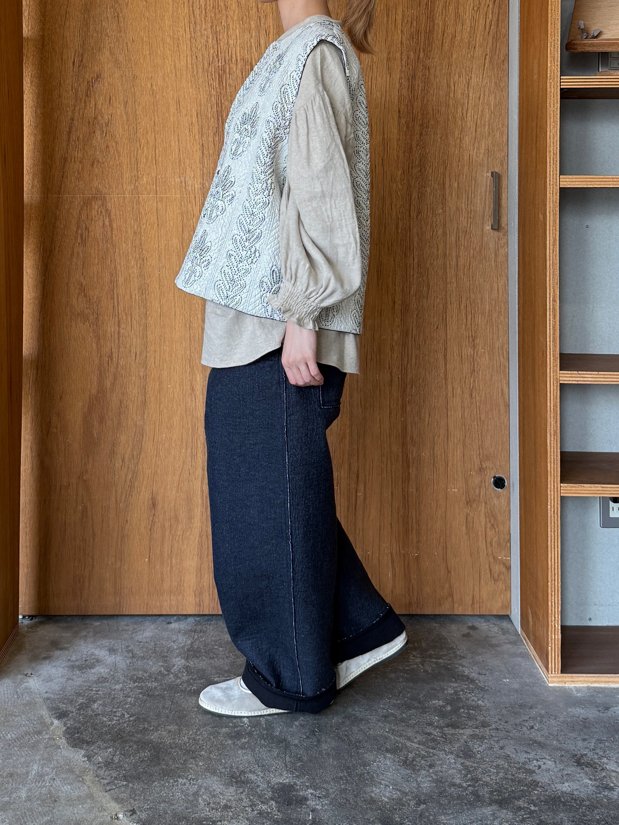 qiri / Denim fleece needle punch curve pants (ネイビー)