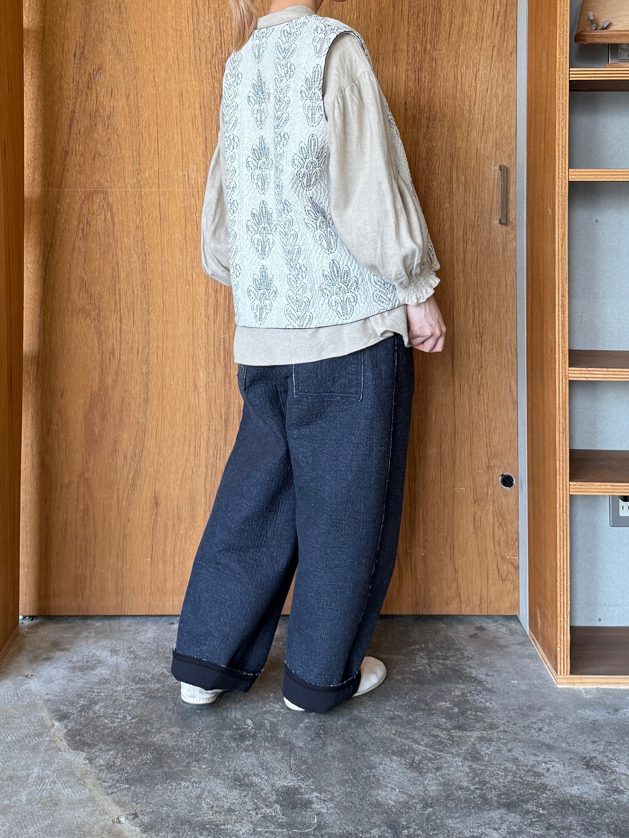 qiri / Denim fleece needle punch curve pants (ネイビー)