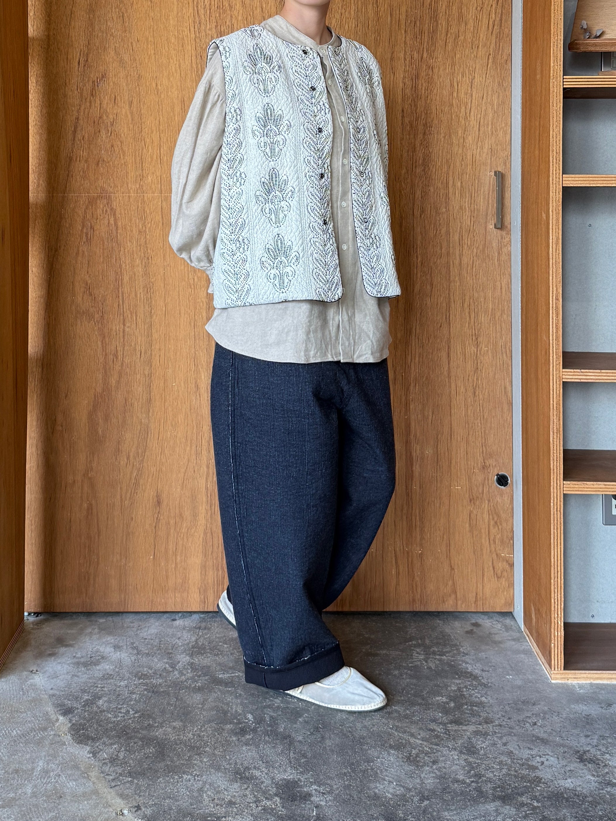 qiri / Denim fleece needle punch curve pants (ネイビー)