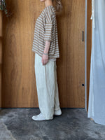 Vlas Blomme / Smoky Color Linen Plainstitch ボーダーワイドTシャツ (Beige)