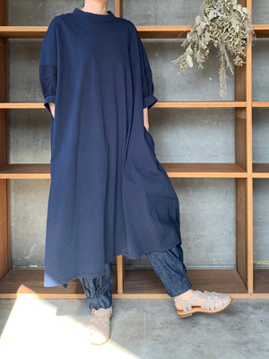 【SALE】UNIVERSAL SEVEN / USAコットン リネンコンボギャザースリーブOB（ネイビー）