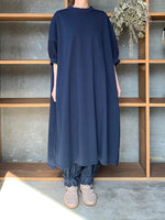 【SALE】UNIVERSAL SEVEN / USAコットン リネンコンボギャザースリーブOB（ネイビー）