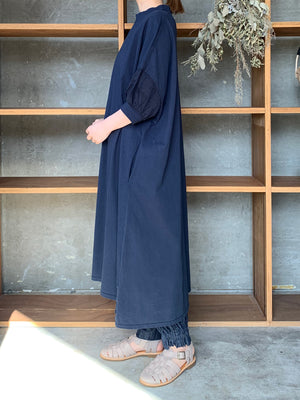【SALE】UNIVERSAL SEVEN / USAコットン リネンコンボギャザースリーブOB（ネイビー）