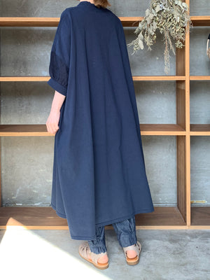 【SALE】UNIVERSAL SEVEN / USAコットン リネンコンボギャザースリーブOB（ネイビー）