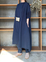 【SALE】UNIVERSAL SEVEN / USAコットン リネンコンボギャザースリーブOB（ネイビー）
