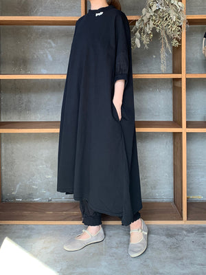 【SALE】UNIVERSAL SEVEN / USAコットン リネンコンボギャザースリーブOB（クロ）