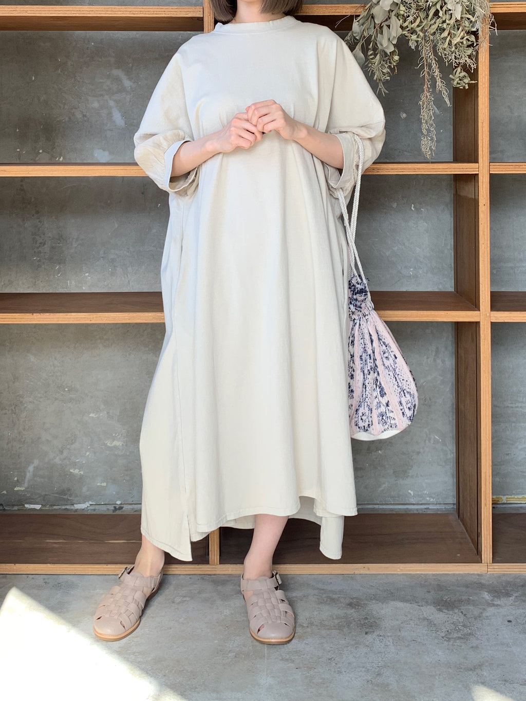 【SALE】UNIVERSAL SEVEN / USAコットン リネンコンボギャザースリーブOB（アイボリー）