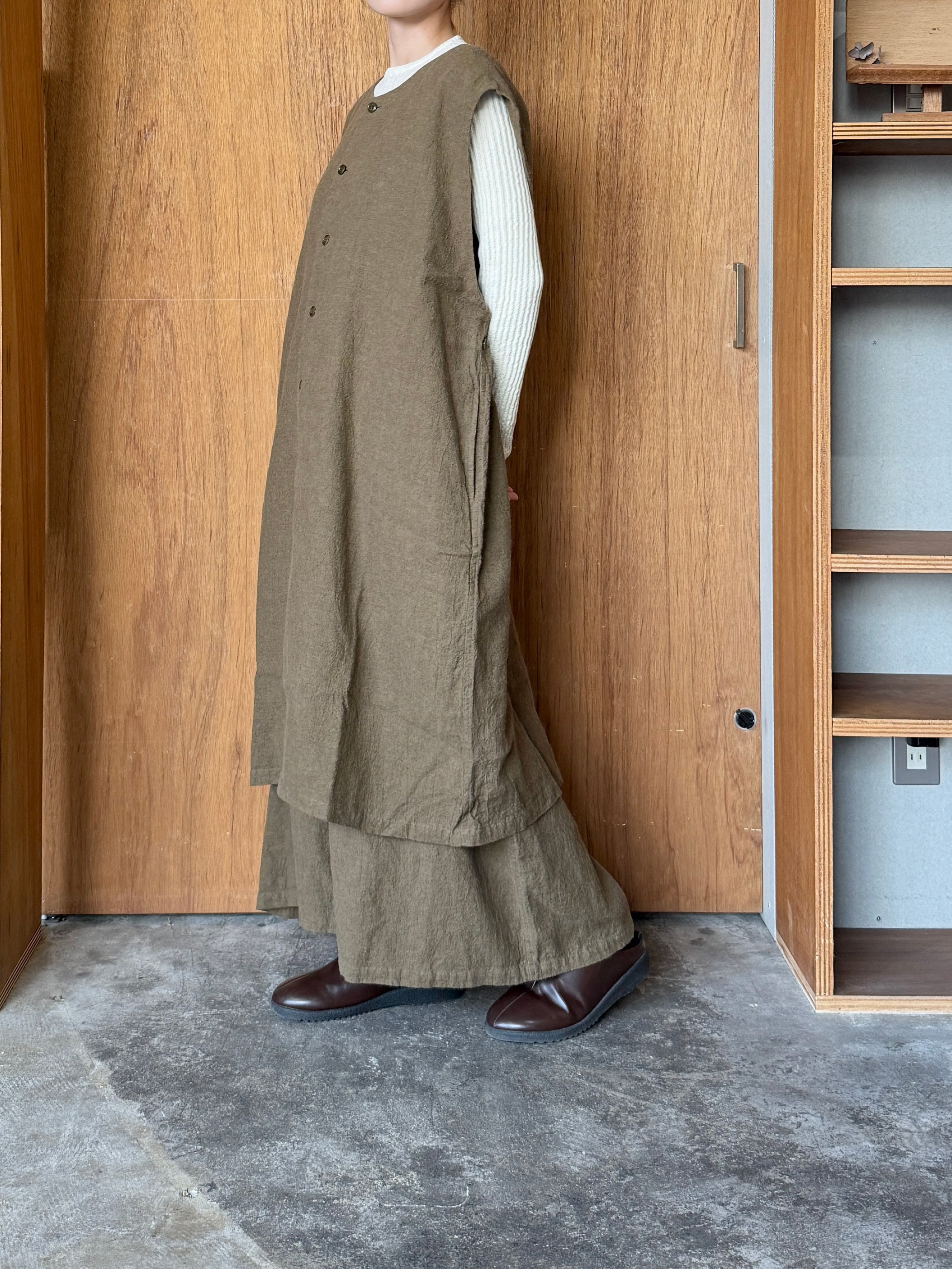 Vlas Blomme / Washed Linen Ramie Wool ロングジレ(Olive)