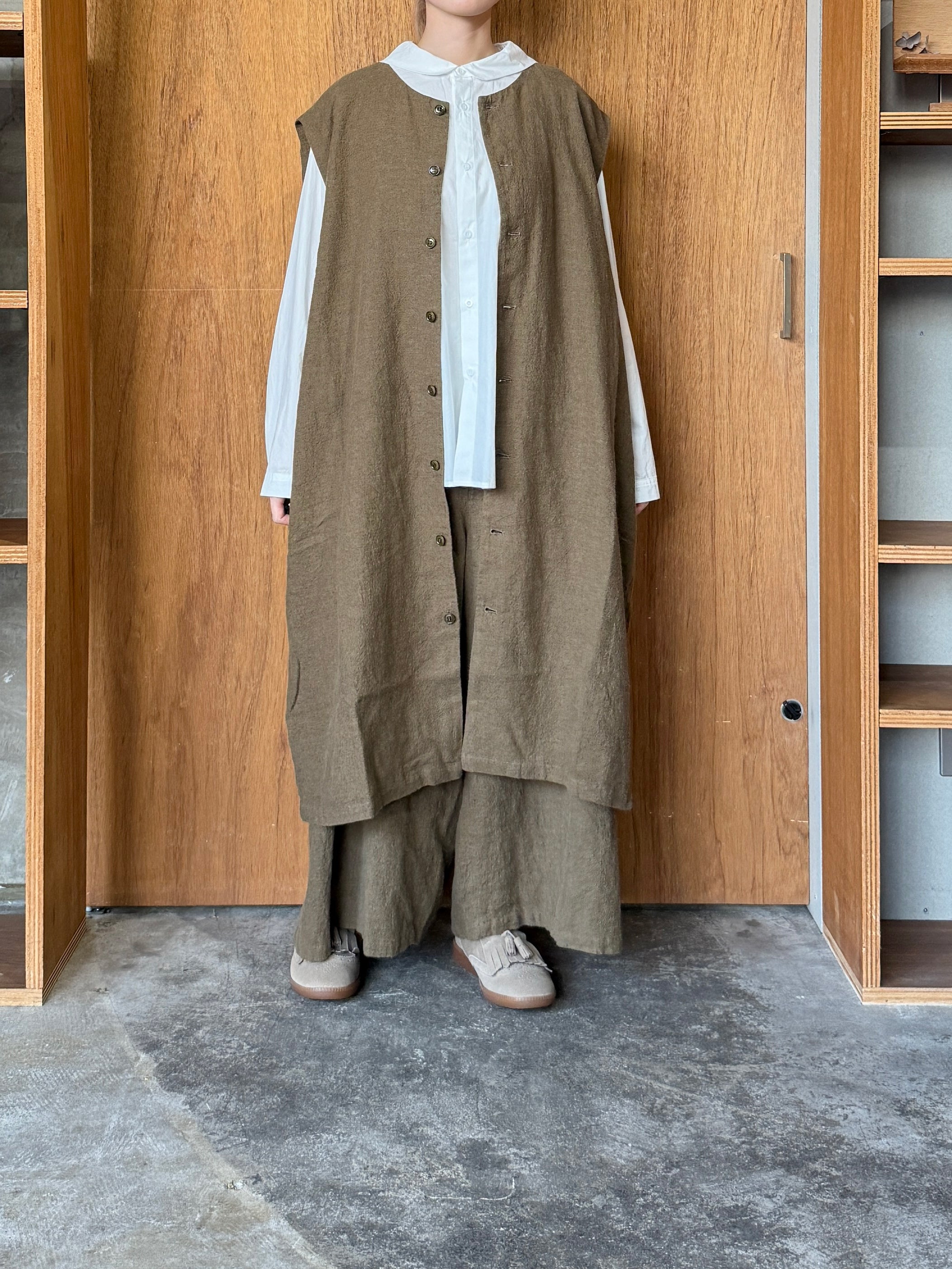 Vlas Blomme / Washed Linen Ramie Wool ロングジレ(Olive)
