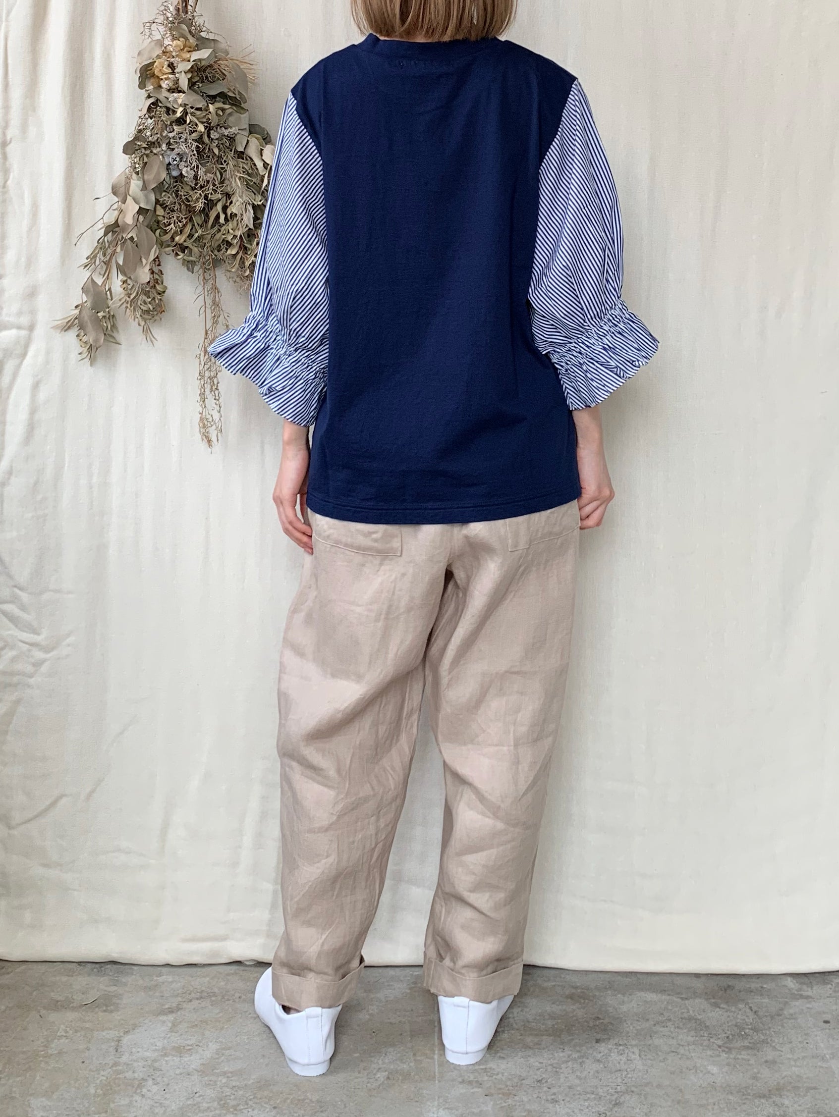 【SALE】UNIVERSAL SEVEN / クラシック天竺 タックギャザースリーブ（ネイビー×ストライプ）