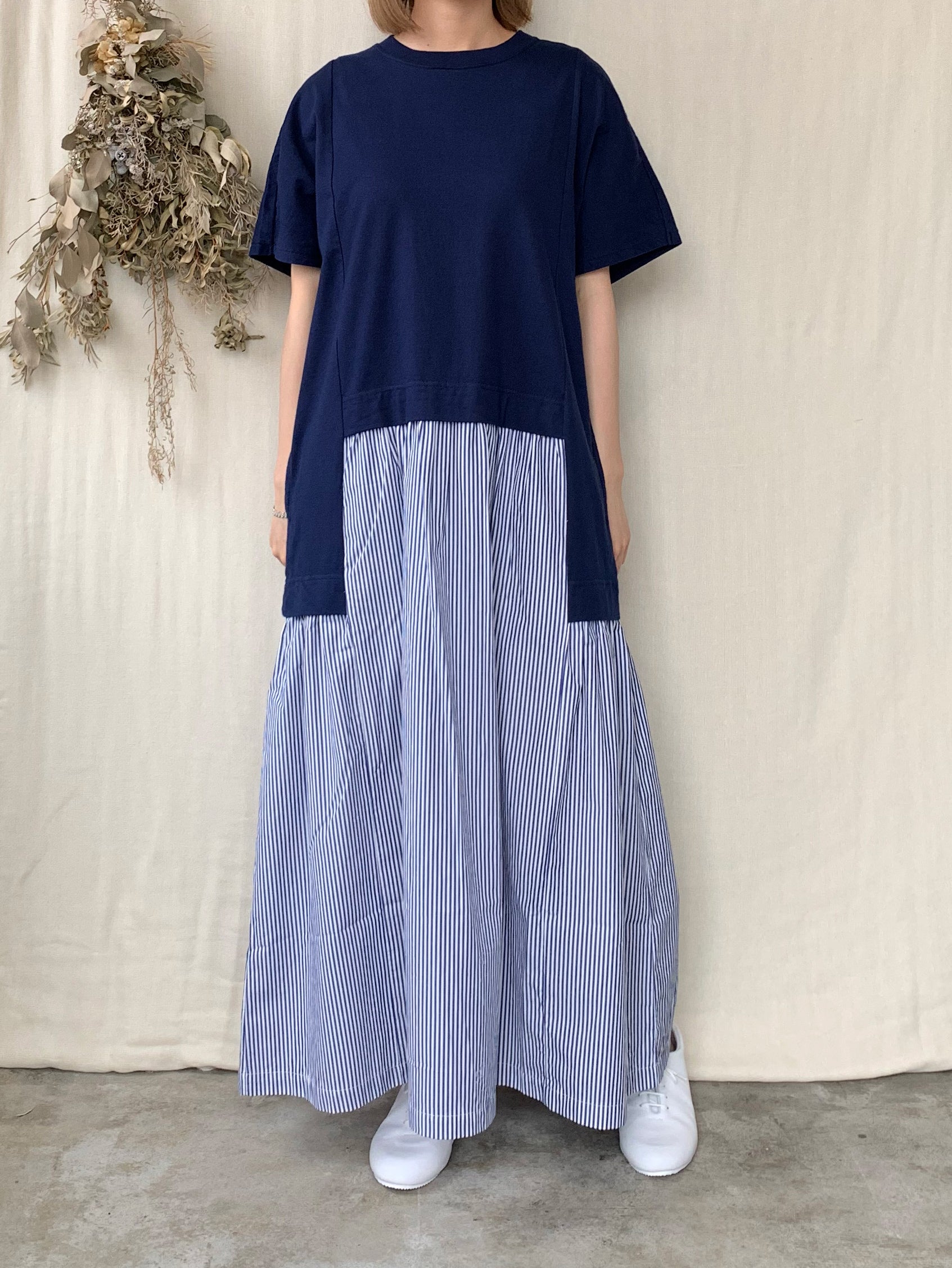 【SALE】UNIVERSAL SEVEN / クラシック天竺 レイヤード ライクOP（ネイビー×ストライプ）