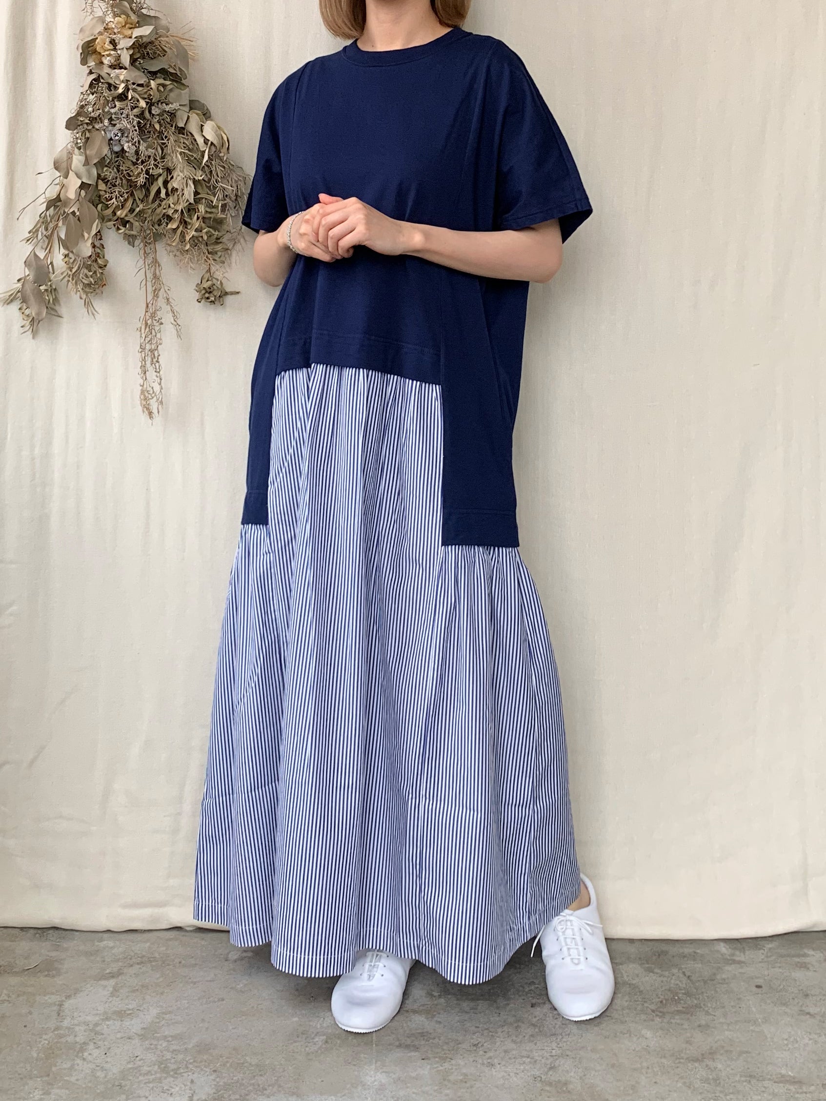 【SALE】UNIVERSAL SEVEN / クラシック天竺 レイヤード ライクOP（ネイビー×ストライプ）