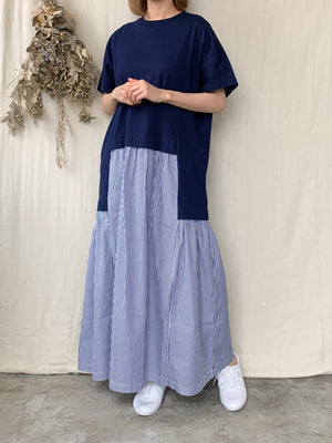【SALE】UNIVERSAL SEVEN / クラシック天竺 レイヤード ライクOP（ネイビー×ストライプ）