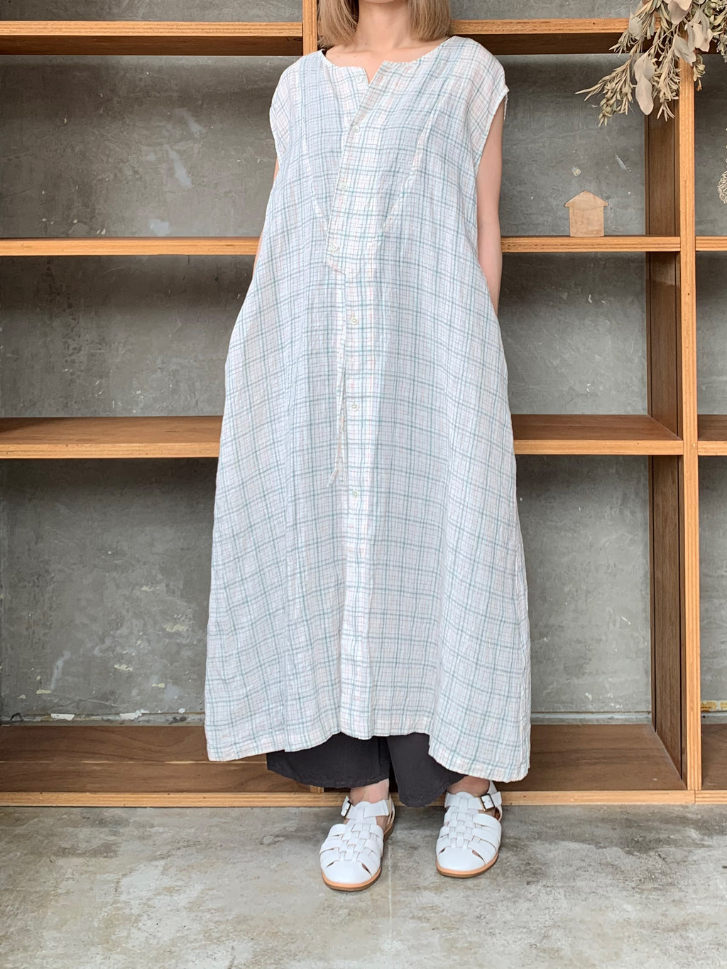 Vlas Blomme / Vintage Check 3way ロングジレ(Off White)