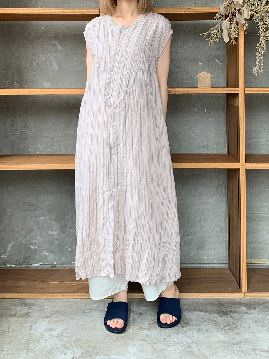 Vlas Blomme / Vintage Stripe 3way ロングジレ(Pale Pink)